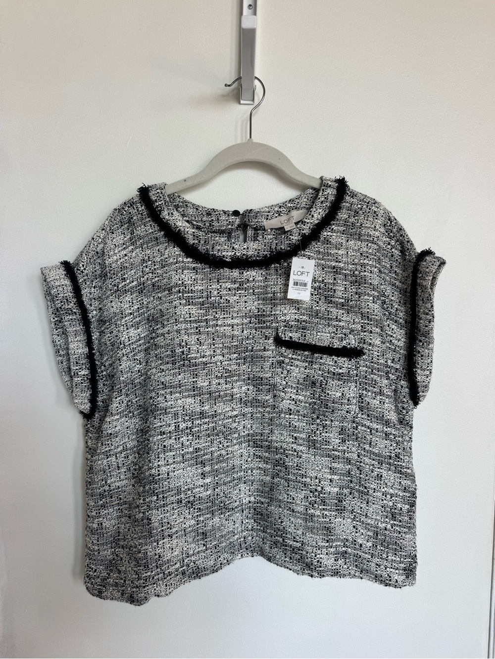 LOFT Black & White Tweed Fringe Trim Boxy Top